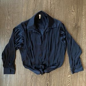 Navy Cropped Button Up Blouse with tie